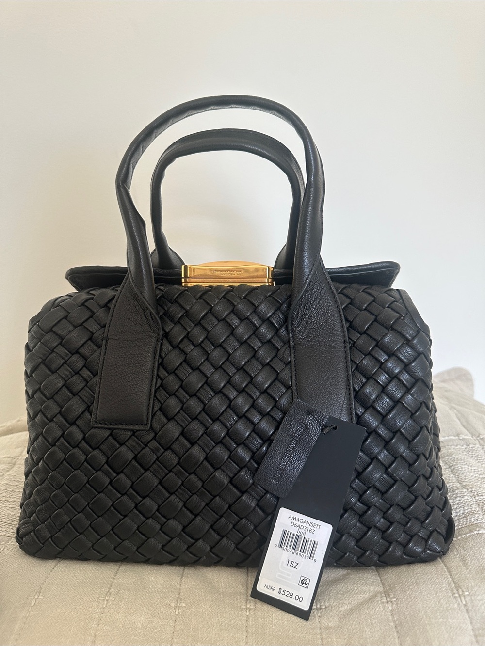 Donna Karan Black Woven Leather Satchel with Gold Accent